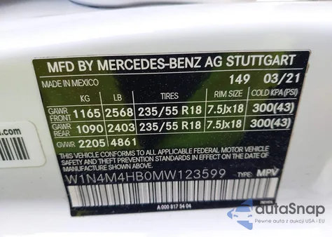 2021 Mercedes-Benz Glb 250 4Matic z USA, uszkodzony, nr VIN W1N4M4HB0MW123599